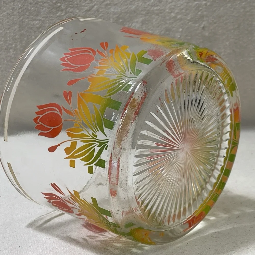 VTG‎ MCM Retro Glass Barware Ice Bucket Bowl Orange Red Yellow Tulip Flower RARE